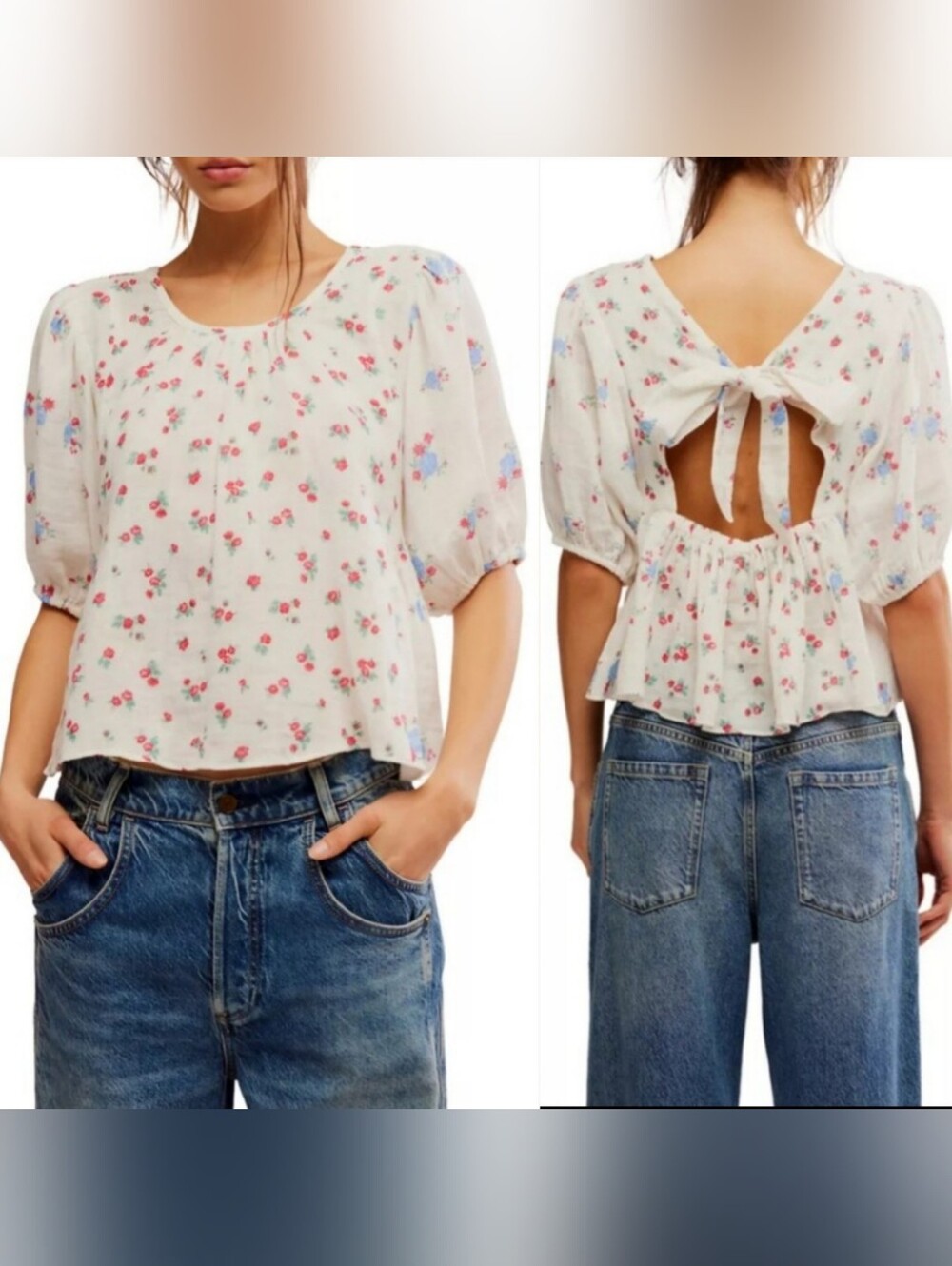 Free People Chloe Floral Puff Sleeve Tie Back Blouse Cotton Gauze White P/S
